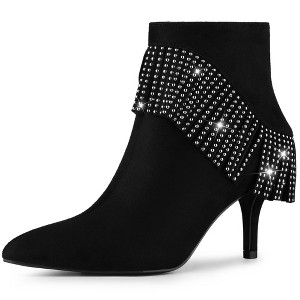 Allegra K Women's Side Zipper Pointed Toe Fringe Stiletto Heel Ankle Boots - 1 of 4