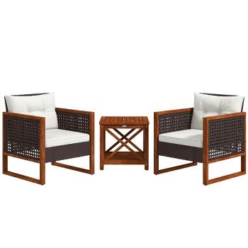 Outsunny 3 Pieces Patio Bistro Set Wooden with Cushions, PE Wicker Patio Furniture Outdoor for Porch, Backyard, Garden, Brown