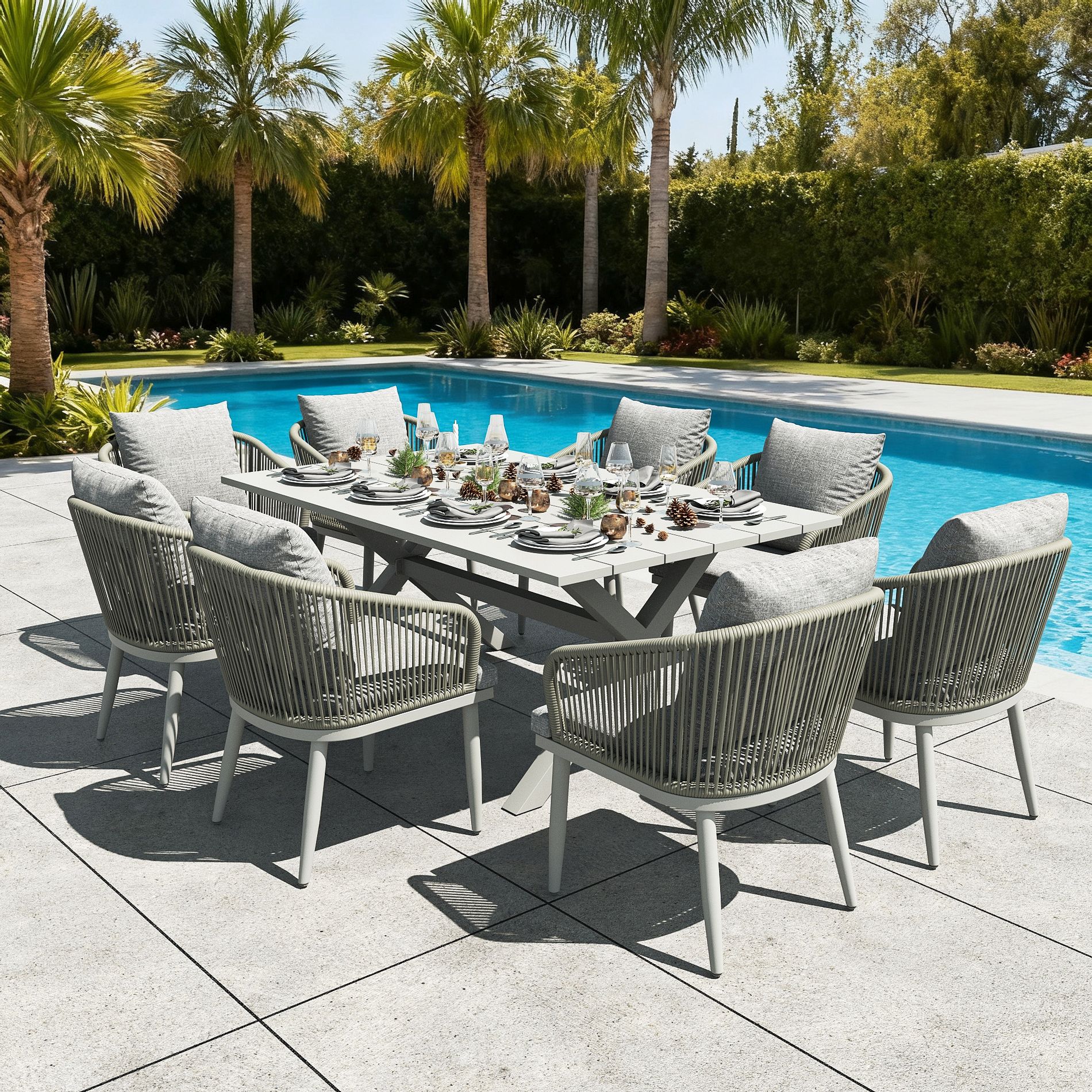 LayinSun 9 Pieces Outdoor Patio Dining Set with Aluminium Rectangular Dining Table and Wicker Rattan Chairs Set