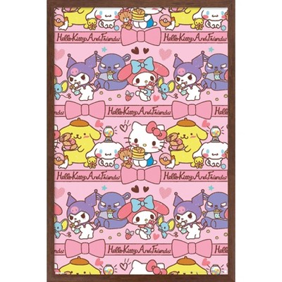 Trends International Hello Kitty and Friends: 25 Snack Time - Collage Framed Wall Poster Prints Mahogany Framed Version 22.375" x 34"