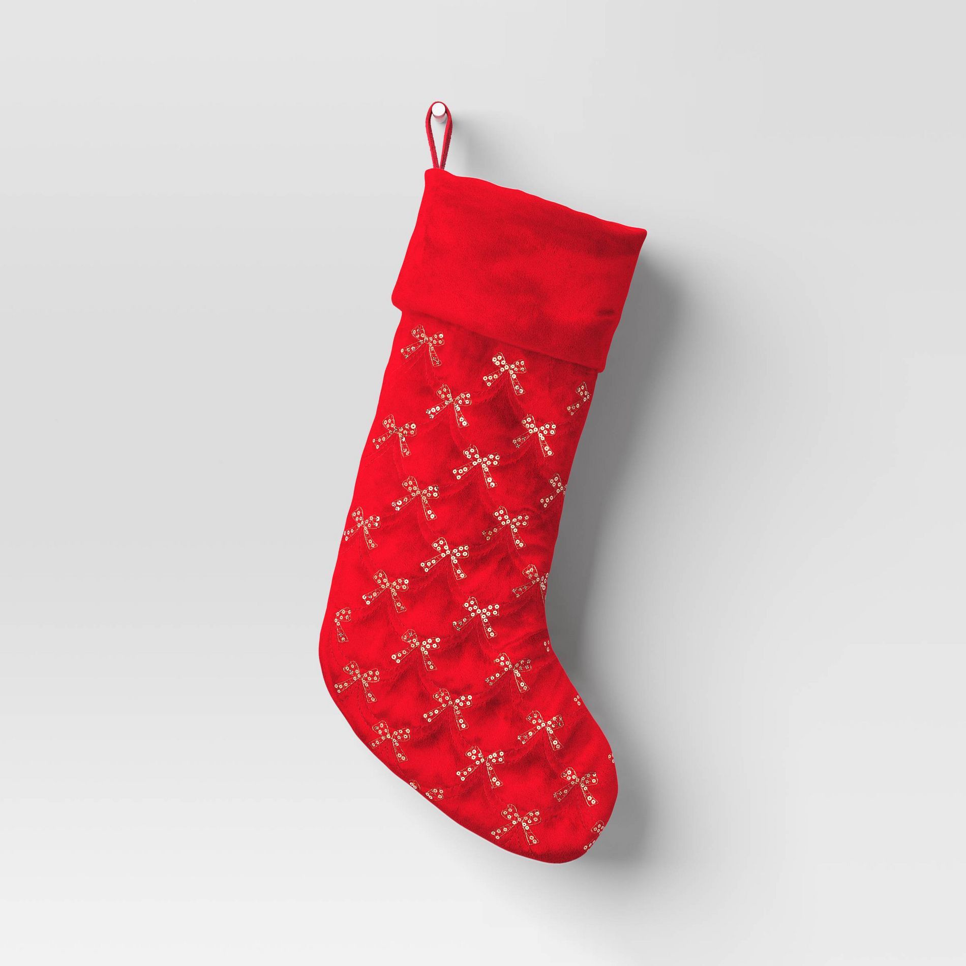 21" Christmas Sequins/Embroidery Bow Velvet Stocking Red - Wondershop™