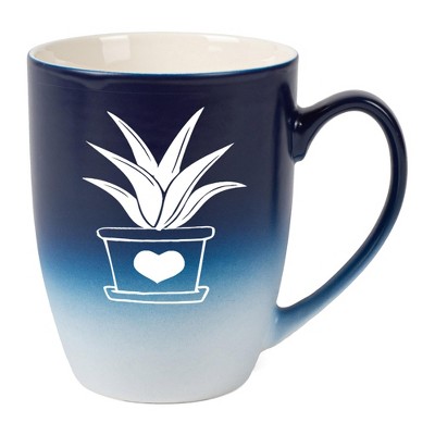 Elanze Designs Botanical Succulent Nature Coffee Cup Mug 12 Ounce Ceramic With Ombre Gradient Elegant Minimalist Aloe in Heart Planter Silhouette Navy