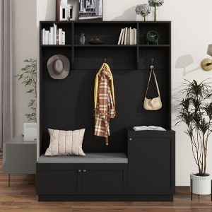 NicBex Hall Tree with Cushioned Bench and Multiple Storage Cabinets Modern Coat Rack with 3 Hooks Top Shelf for Hallway, Living Room - 1 of 4