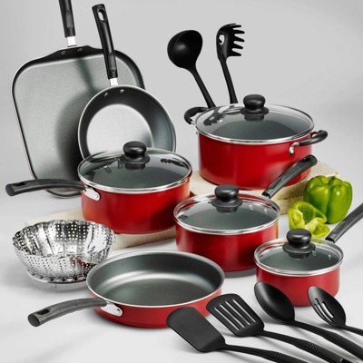 LunaLulink 18 Piece Non-stick Cookware Set, Steel Red