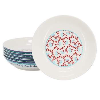 Gibson Home Village Vines Floral 6 Piece 8 Inch Fine Ceramic Dinner Bowl Set in White and Blue