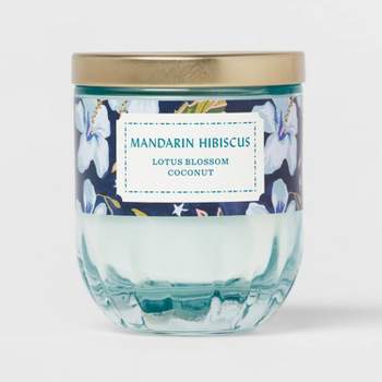 7oz Lidded Blue Ribbed Glass Jar Moonlit Hibiscus Candle - Opalhouse™