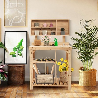 Natural Fir Wood Garden Potting Bench with Storage Shelves
