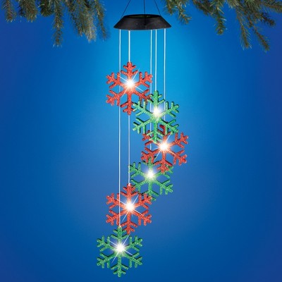 Solar Powered Holiday Snowflake Garden Mobile with Glittery Red and Green Plastic