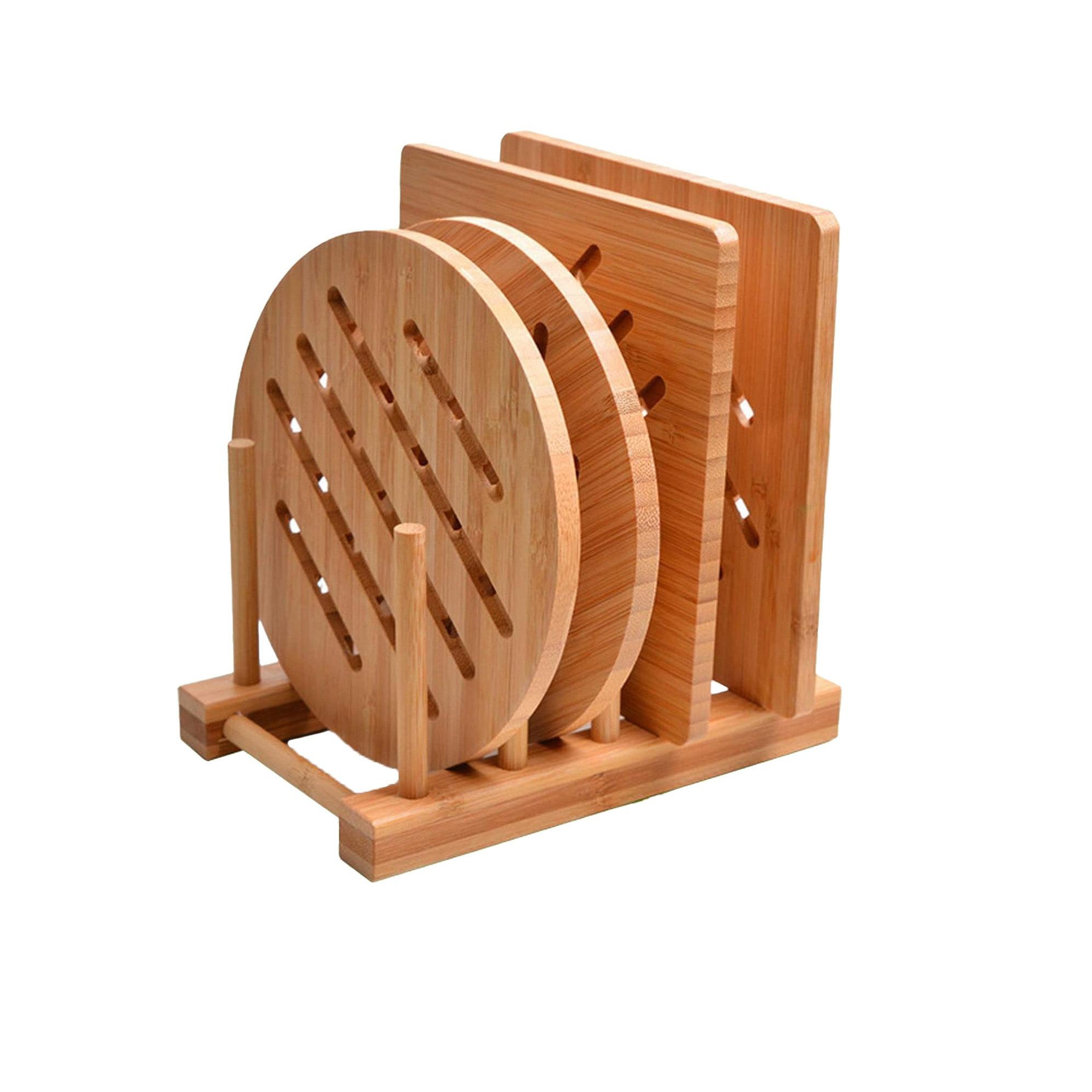 Itopfox Bamboo Trivet Set - Heat-Resistant Natural Bamboo Hot Pads for Pots, Dishes & Teapots, Includes 2 Square & 2 Round Mats with Storage Rack