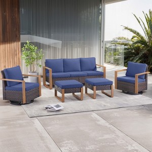 POCASSY 5 Piece Outdoor Sofa Couch Set with Swivel Patio Chairs and Ottomans, All Weather Wicker and Olefin Cushion Cover Outdoor Patio Furniture Set - 1 of 4