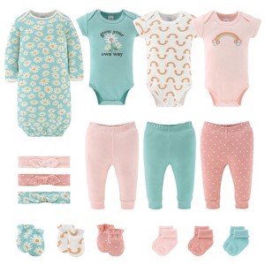 The Peanutshell Carefree Floral Newborn Layette Set for Baby Girls, 16-Pieces, Pink/Aqua, 0-3 Months - 1 of 4