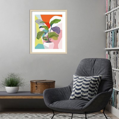 Vibrant Abstract Plant Print with Natural Wood Frame