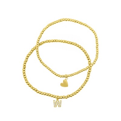 Adornia 14k Gold Plated Stretch Bracelet Set With Mini Crystal Initial