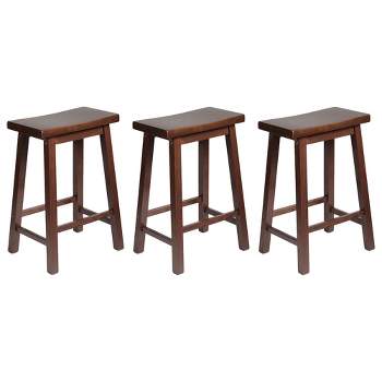PJ Wood Classic Saddle-Seat 24'' Tall Kitchen Counter Stool for Homes, Dining Spaces, and Bars with Backless Seat, 4 Square Legs, Walnut (3 Pack)