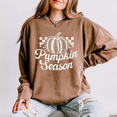 Simply Sage Market Women's Lightweight Garment Dyed Graphic Sweatshirt Checkered Pumpkin Season Cursive