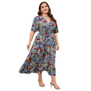 Clearlove Women's Spring and Summer Plus Size Floral V Neck Short Sleeve A Line Long Dress - 1 of 4