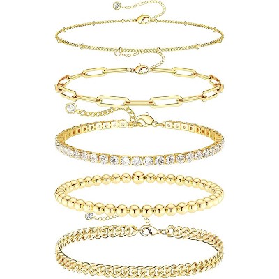 Gold Bracelets - Real 14K Women's Cute Tennis Cubic Beaded Link Paperclip Dainty Bracelet Pack