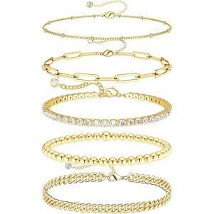 Gold Bracelets - Real 14K Women's Cute Tennis Cubic Beaded Link Paperclip Dainty Bracelet Pack - 1 of 4