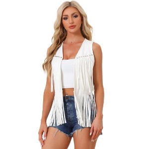 INSPIRE CHIC Women's 70s Western Open Front Faux Suede Fringe Vest - 1 of 4