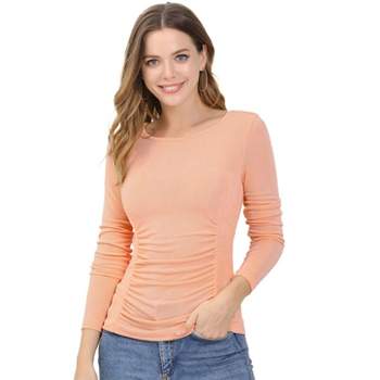Allegra K Women's Round Neck Long Sleeves Ruched Casual Fitted Top