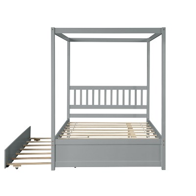 NicBex Full Size Canopy Bed with Twin Trundle,Wood Platform Bed Frame with Headboard for Adults,Boys,Girls