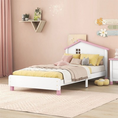 Twin Size Wood Platform Bed Frame, Solid Wood Slats Support Bed Frame With House Shape Headboard, Solid Stable Twin Platform Bed