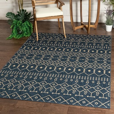 Blue and Beige Synthetic Flat-Weave Indoor/Outdoor Rug 6' x 9'