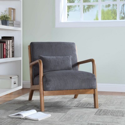 Natural Wooden Lounge Chair with Ribbed Corduroy Upholstery and Cushion for Living Room, Bedroom or Reading Corner-The Pop Home