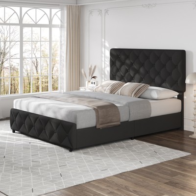 Modern Upholstered Bed Frame with Footboard, Adjustable Headboard, 4 Drawers Wooden and Slats Support