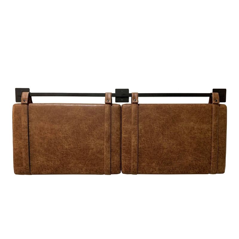 Vintage Brown Faux Leather Wall Mount Full Headboard with Black Metal Rail