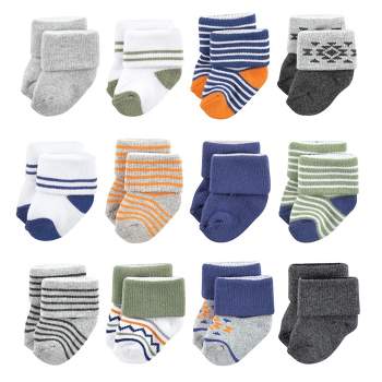 Luvable Friends Baby Boy Newborn and Baby Terry Socks, Orange Blue Aztec 12-Pack