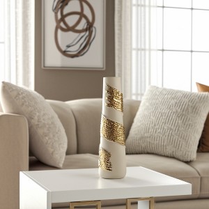 Glam Tall Metal Vase with Embossed Detailing, Aluminum Decorative Accent for Home, Office, Bedroom, or Living Room - Elegant Finish - White & Gold - 1 of 4