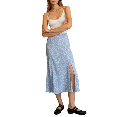 August Sky Women's Floral Side Slit Bias Midi Skirt