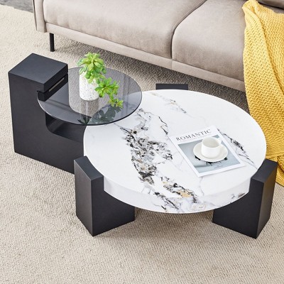 NicBex Stylish Detachable Double-Decker Marble Round Coffee Table,Large center Table with a Glass Top Side Table for Living Room,Bedroom
