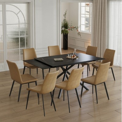 9 Piece Dining Set for 8,Retractable Sintered Stone Dining Table with 8 Armless Dining Chairs Metal Legs for Dining Room,Kitchen-The Pop Home