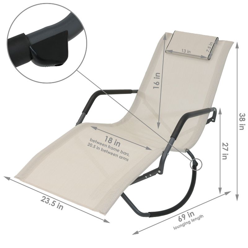 Sunnydaze Outdoor Folding Rocking Chaise Lounge Chair with Headrest Pillows - Beige - 2pk, 3 of 9