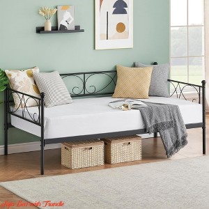 Bedroom Sofa Bed w/ Trundle, Twin Size Metal Daybed w/ Floral Headboard, Heavy Duty Metal Slats Support Multifunctional Bed - 1 of 4