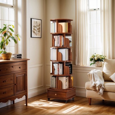 Vynxaria Rotating Bookshelf, 360 Display Corner Bookshelf for Small Space, 6 Tier Bookcase Storage Rack with Wheels,Walnut Brown