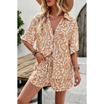 I am a Fashion Junky Allover Print Elastic Shorts Two Pieces Button Set