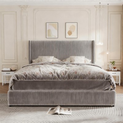 Corduroy Upholstered Bed Frame with 4 Storage Drawers, Soft Tufted Headboard and Footboard, No Box Spring Needed