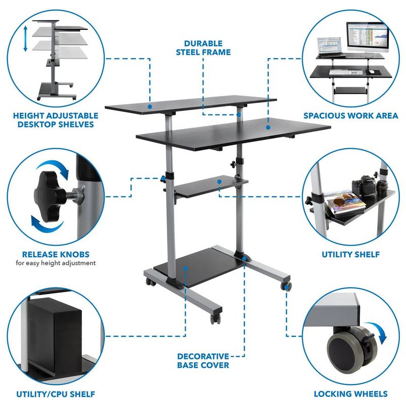 Mount-It! Wide Mobile Stand Up Desk | Height Adjustable Rolling Workstation with 40" Wide Table Tops | Multi-Purpose Rolling Presentation Cart - Gray, 4 of 11