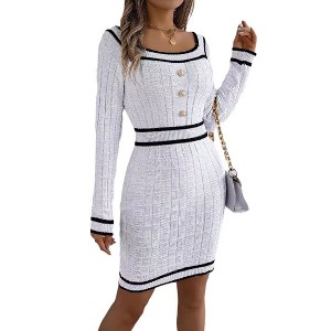 Coolmee Women's Mini Sweater Dress Long Sleeve Bodycon Button Square Neck Elegant Formal Short Dresses - 1 of 4