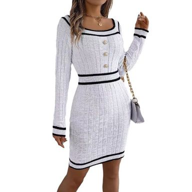 Coolmee Women's Mini Sweater Dress Long Sleeve Bodycon Button Square Neck  Elegant Formal Short Dresses XL White : Target