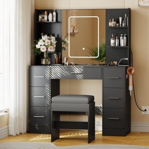 Vanity Desk with Mirror, Led Lights, Power Outlet and Stool - 1 of 4