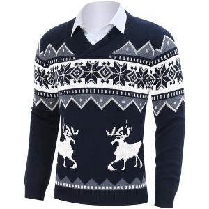 Coolmee Men's Christmas Sweater Ugly Knitted Xmas Sweaters Casual Snowflake Deer Pullover Knitwear - 1 of 4