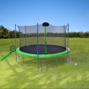 16FT Trampoline With Backboard, Slide, Ladder, Basketball Hoop, Football Goal, Safety Enclosure Net, Parent Child Interactive Outdoor Trampolines - 1 of 4