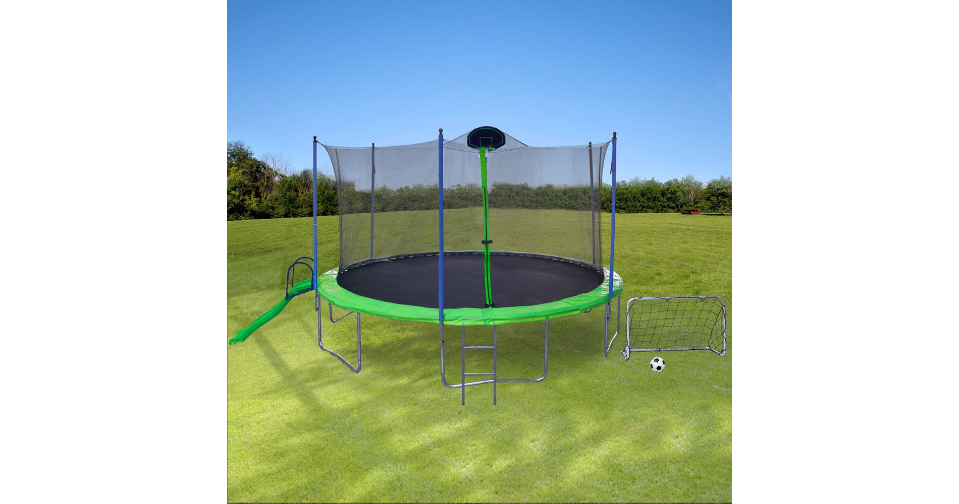 16FT Trampoline With Backboard, Slide, Ladder, Basketball Hoop, Football Goal, Safety Enclosure Net, Parent Child Interactive Outdoor Trampolines