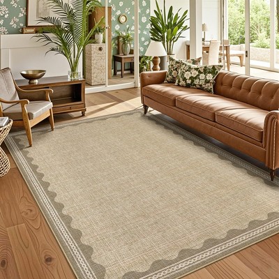 homfan Scalloped Washable Rug w/ Non-Slip Back - Modern Low-Pile Carpet for Living Room, Bedroom