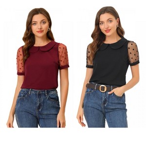Allegra K Women's Vintage Peter Pan Collar Puff Polka Dots Mesh Short Sleeve Blouse 2 Packs - 1 of 4