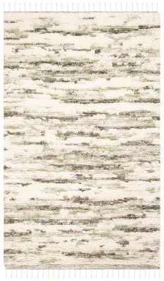 Ivory and Green Hand-Knotted Wool Shag Rug, 4' x 6'